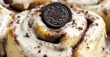 Oreo Cinnamon Rolls drizzled with icing on a plate
