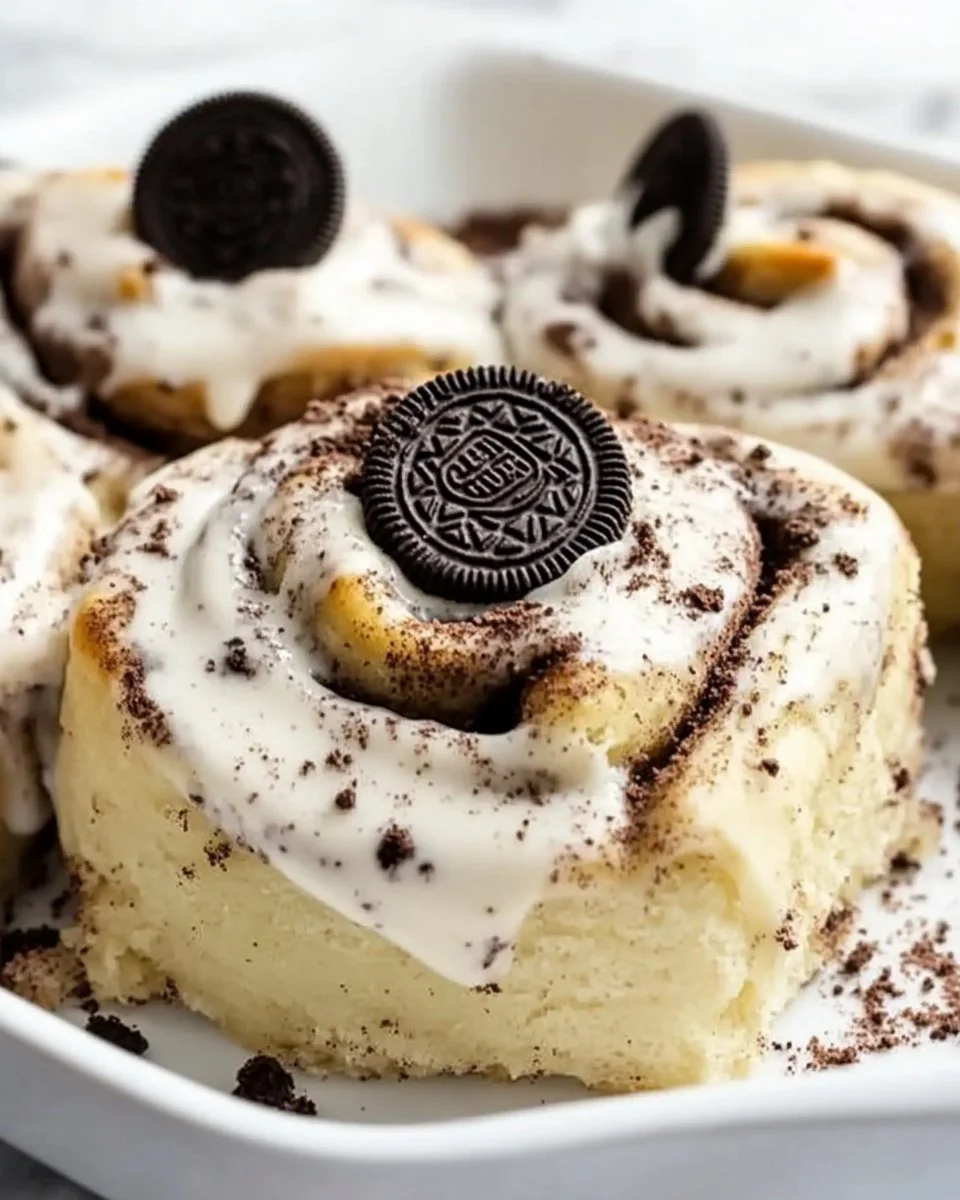 Oreo Cinnamon Rolls drizzled with icing on a plate