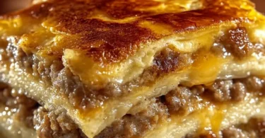 Delicious Pancake Sausage Casserole topped with syrup and fresh berries.
