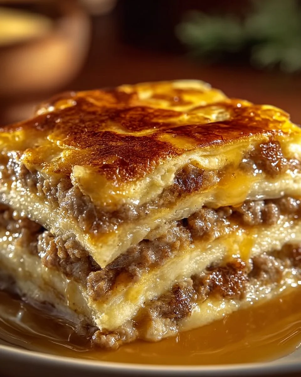 Delicious Pancake Sausage Casserole topped with syrup and fresh berries.