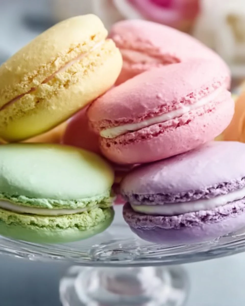 Pastel sugar cookie sandwiches with creamy filling on a plate