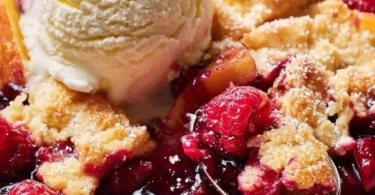 Delicious peach cobbler topped with raspberries in a baking dish