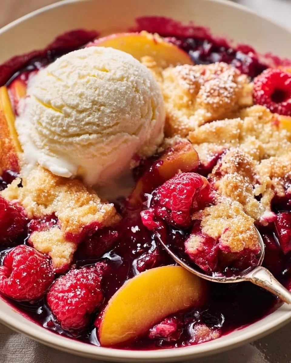 Delicious peach cobbler topped with raspberries in a baking dish