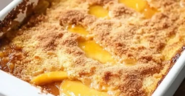 Easy Peach Dump Cake dessert with juicy peaches and golden cake topping