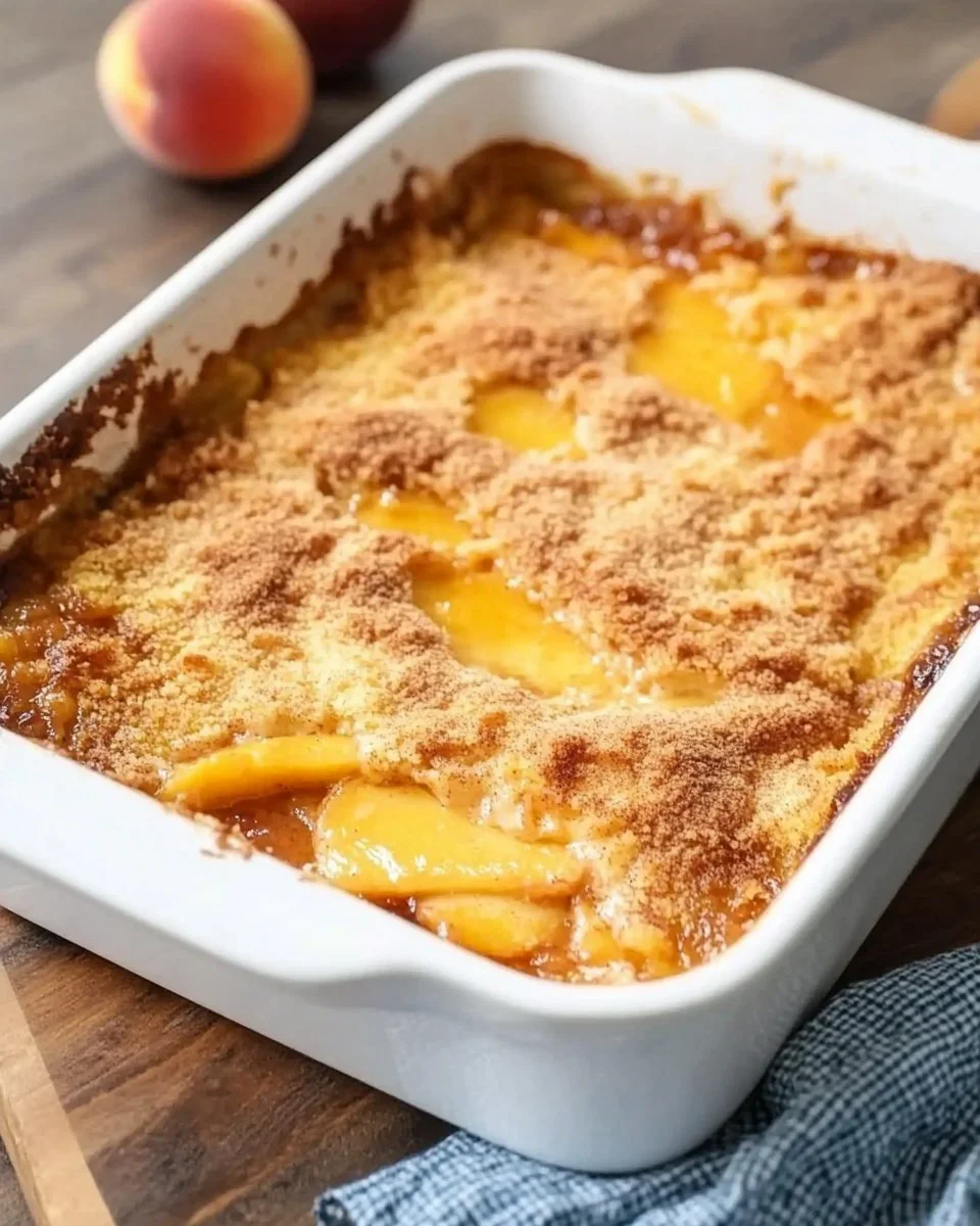 Easy Peach Dump Cake dessert with juicy peaches and golden cake topping