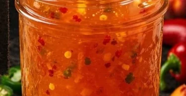 Jar of Peach Jalapeño Pepper Jelly with fresh peaches and jalapeños
