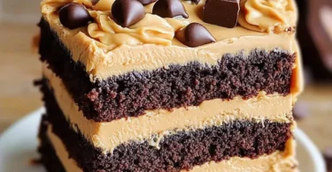 Delicious peanut butter cookie dough brownie layer cake with chocolate frosting