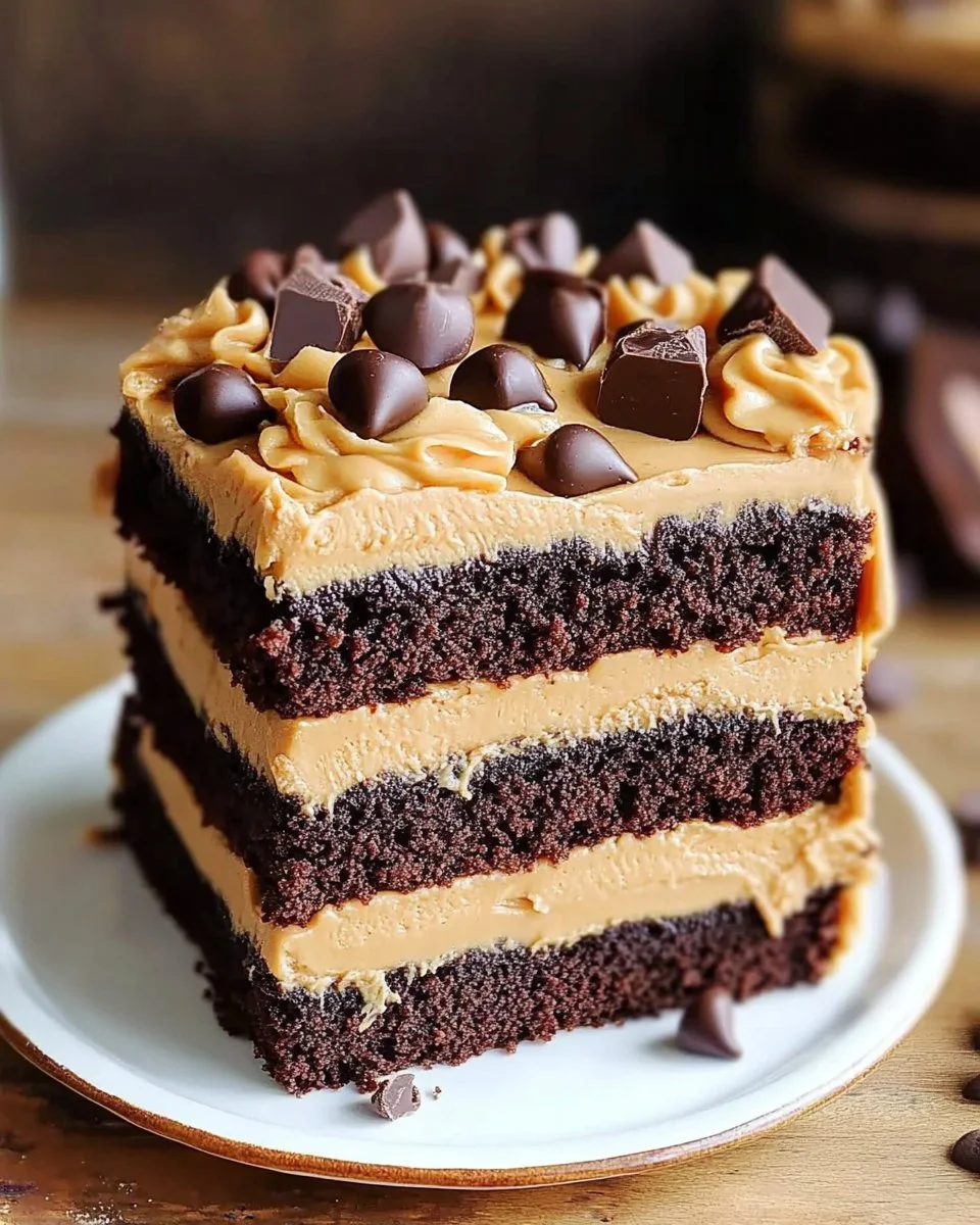 Delicious peanut butter cookie dough brownie layer cake with chocolate frosting