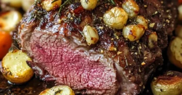 Perfectly roasted leg of lamb served with herbs and sides.