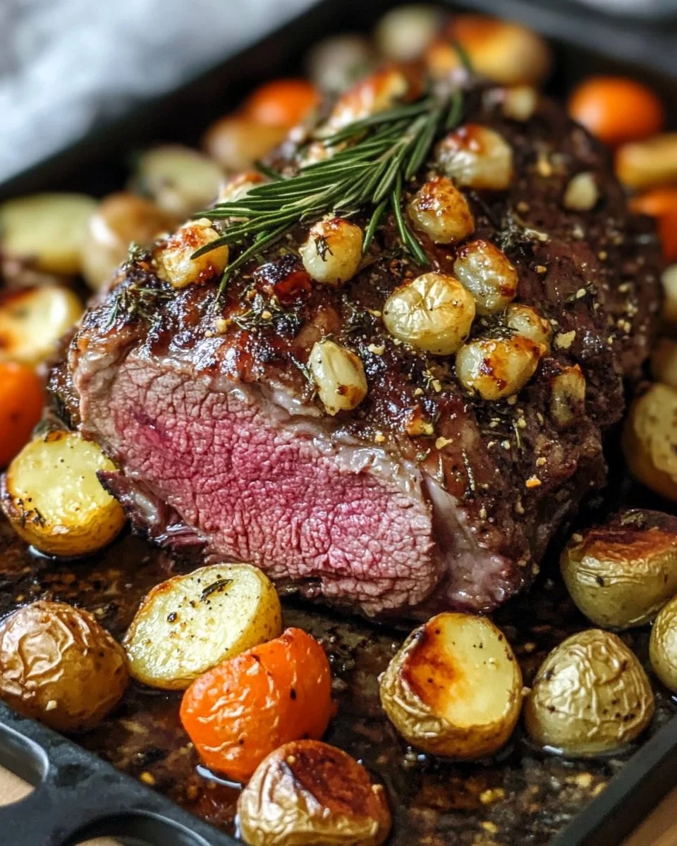 Perfectly roasted leg of lamb served with herbs and sides.
