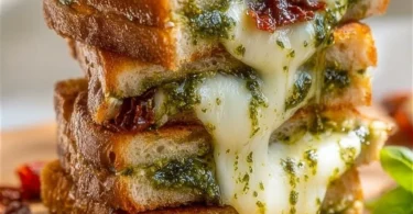 Delicious Pesto Grilled Cheese sandwich with fresh basil and cheese melt