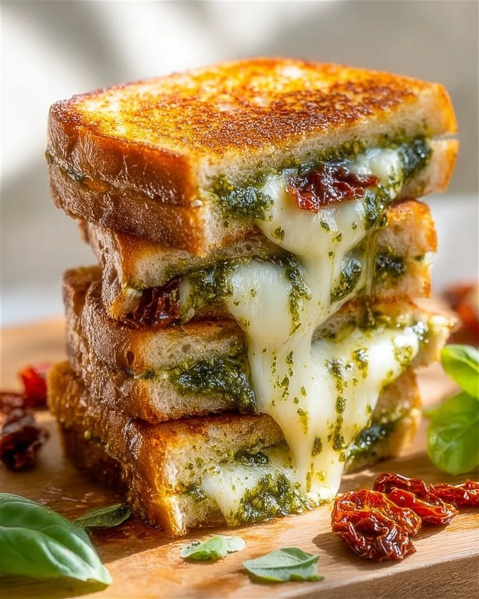 Delicious Pesto Grilled Cheese sandwich with fresh basil and cheese melt
