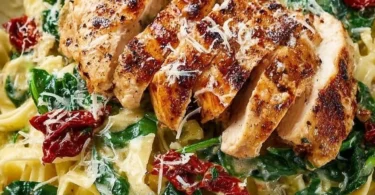 Pesto pasta with chicken in a vibrant green sauce and cherry tomatoes