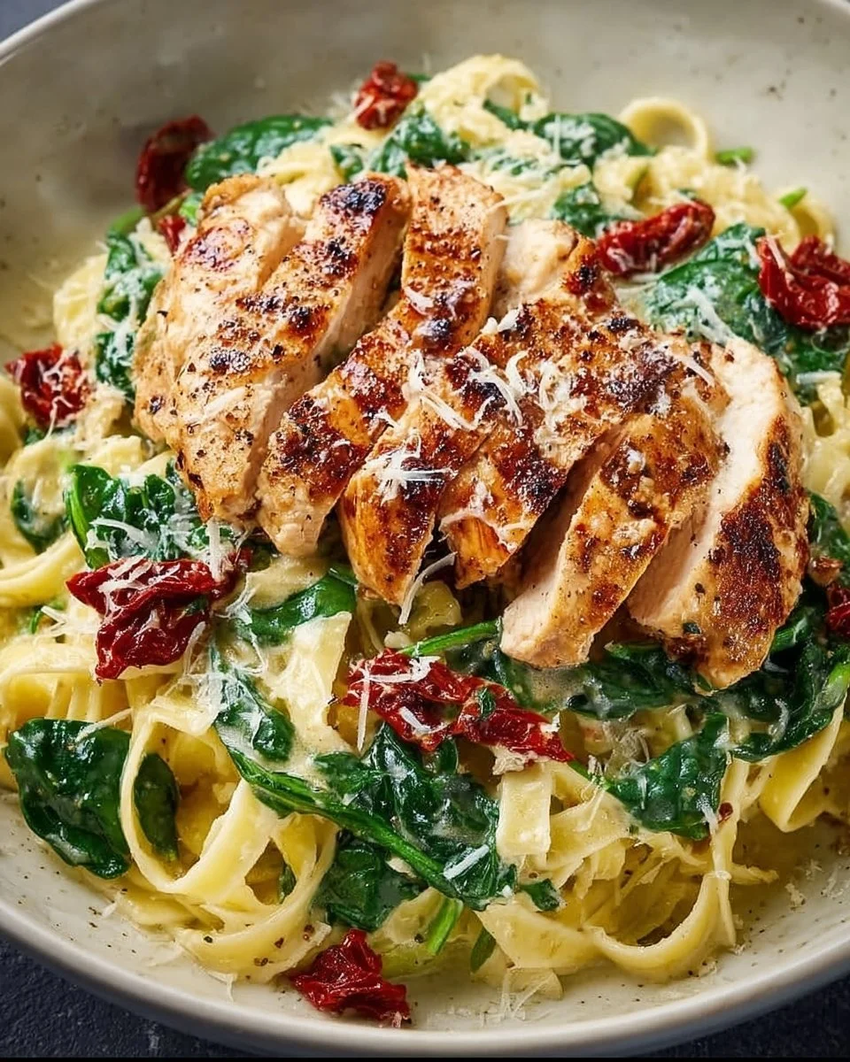 Pesto pasta with chicken in a vibrant green sauce and cherry tomatoes
