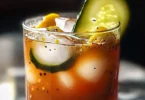 Pickle Bloody Mary Shot garnished with pickles and spices
