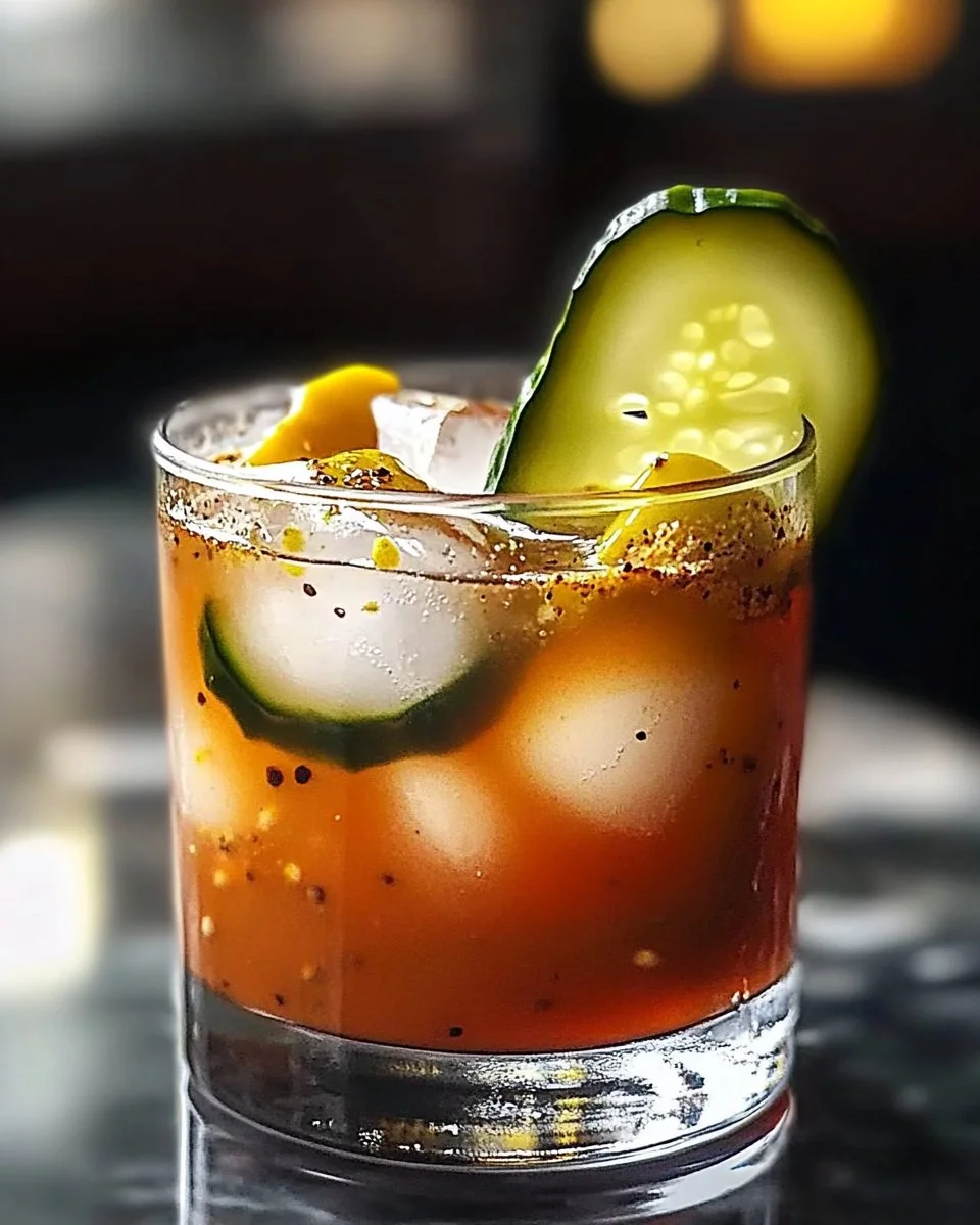 Pickle Bloody Mary Shot garnished with pickles and spices