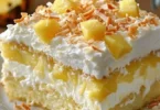 Pineapple Coconut Dream Cake decorated with tropical fruits and coconut flakes