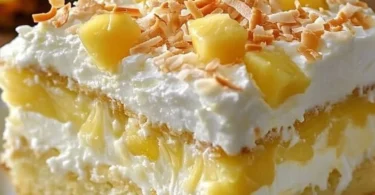 Pineapple Coconut Dream Cake decorated with tropical fruits and coconut flakes