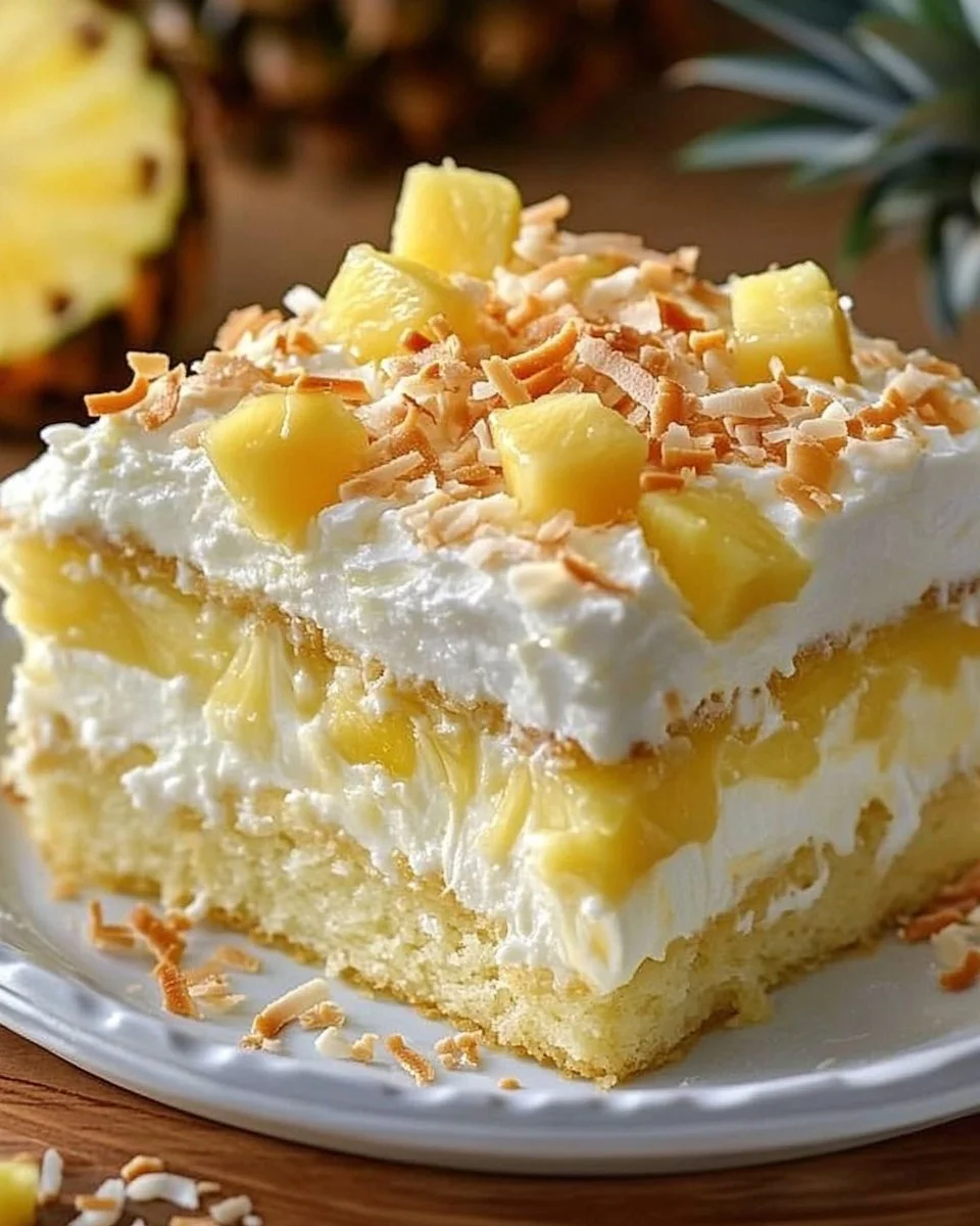 Pineapple Coconut Dream Cake decorated with tropical fruits and coconut flakes