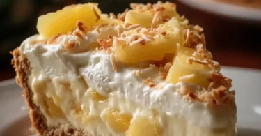 Delicious slice of Pineapple Cream Cheese Pie on a plate garnished with pineapple.