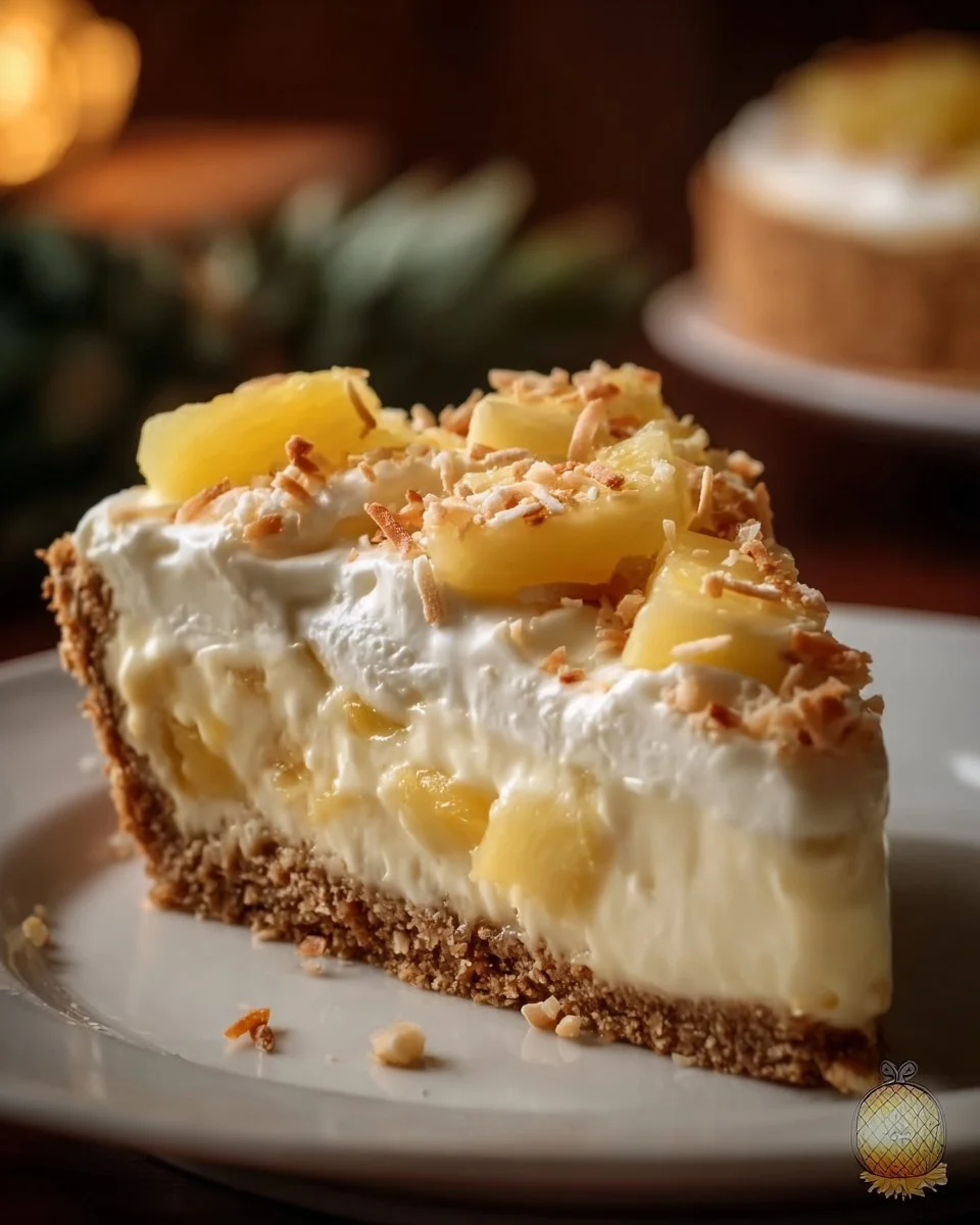 Delicious slice of Pineapple Cream Cheese Pie on a plate garnished with pineapple.
