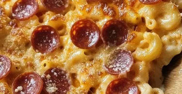A delicious dish of Pizza Macaroni and Cheese topped with melted cheese and pepperoni.