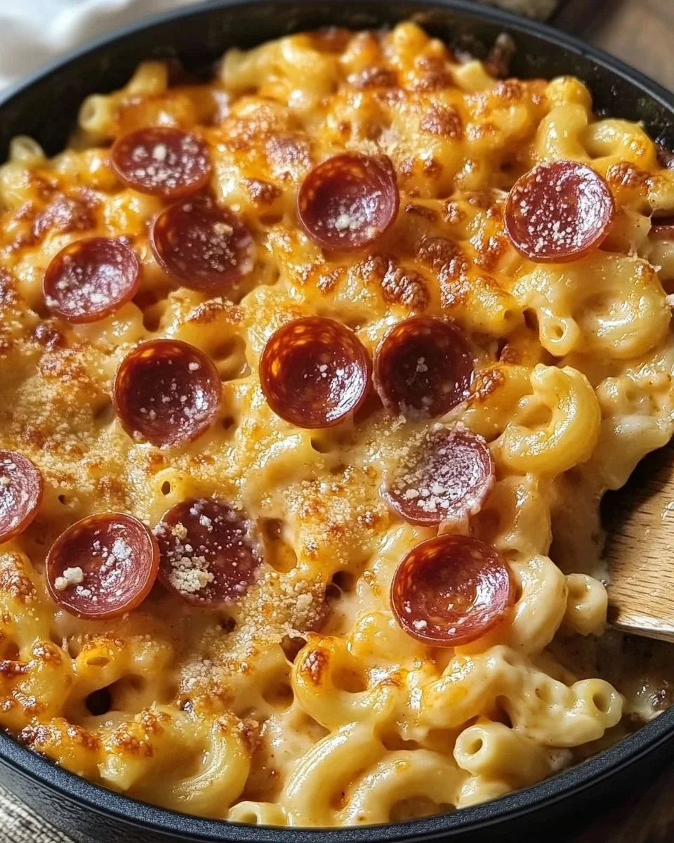 A delicious dish of Pizza Macaroni and Cheese topped with melted cheese and pepperoni.