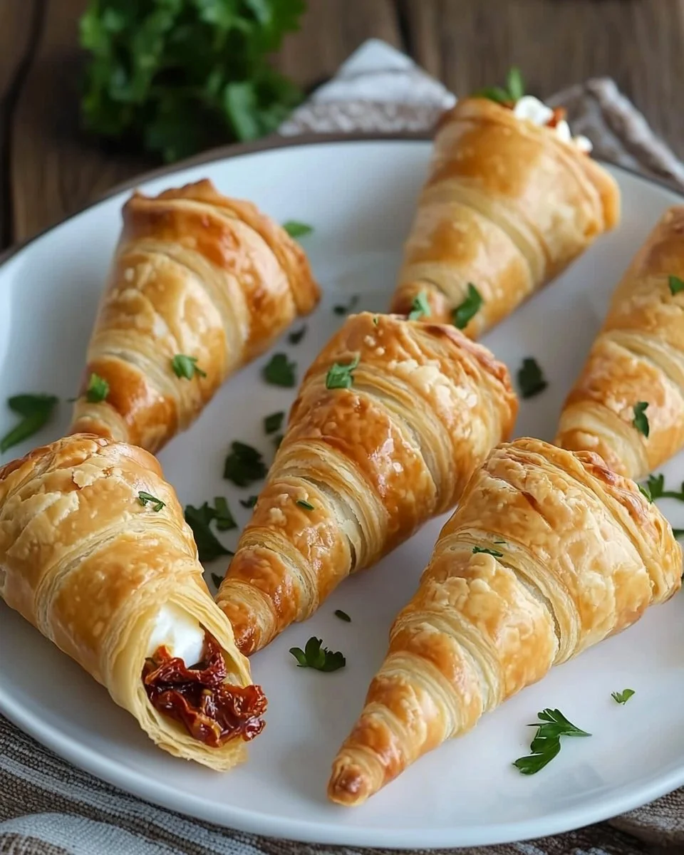 Puff pastry cones filled with goat cheese cream and sun-dried tomatoes