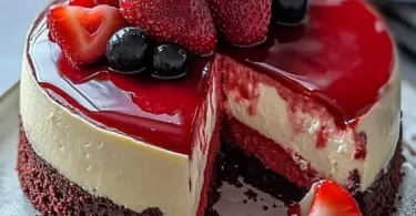 Red Velvet Strawberry Cheesecake topped with fresh strawberries and whipped cream