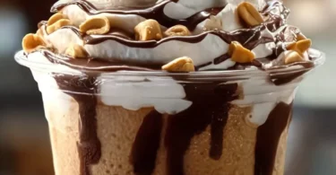 Reese's Peanut Butter Frappuccino topped with whipped cream and chocolate drizzle