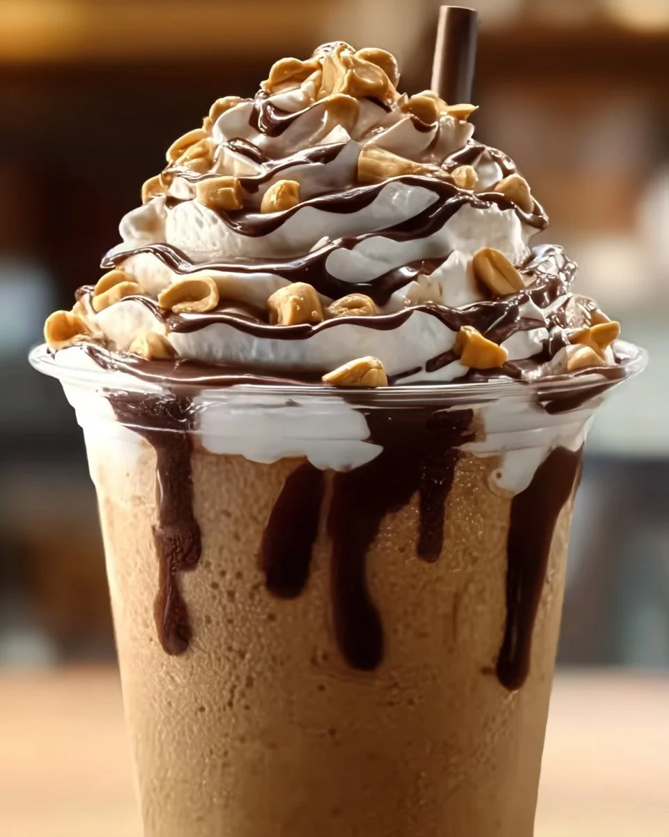 Reese's Peanut Butter Frappuccino topped with whipped cream and chocolate drizzle