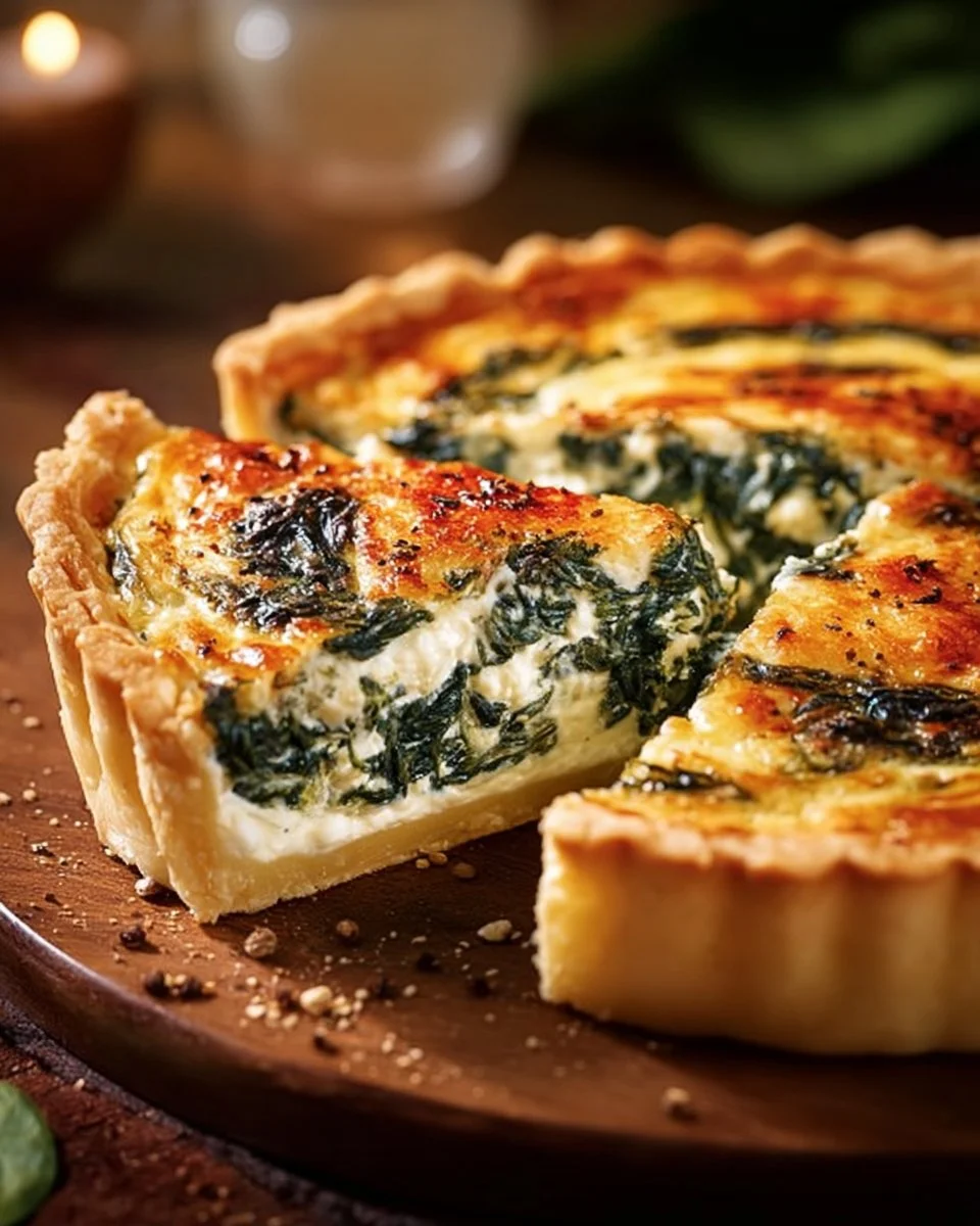 Delicious Ricotta Spinach Quiche with fresh ingredients and golden crust