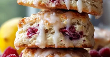 Freshly baked lemon raspberry scones on a plate
