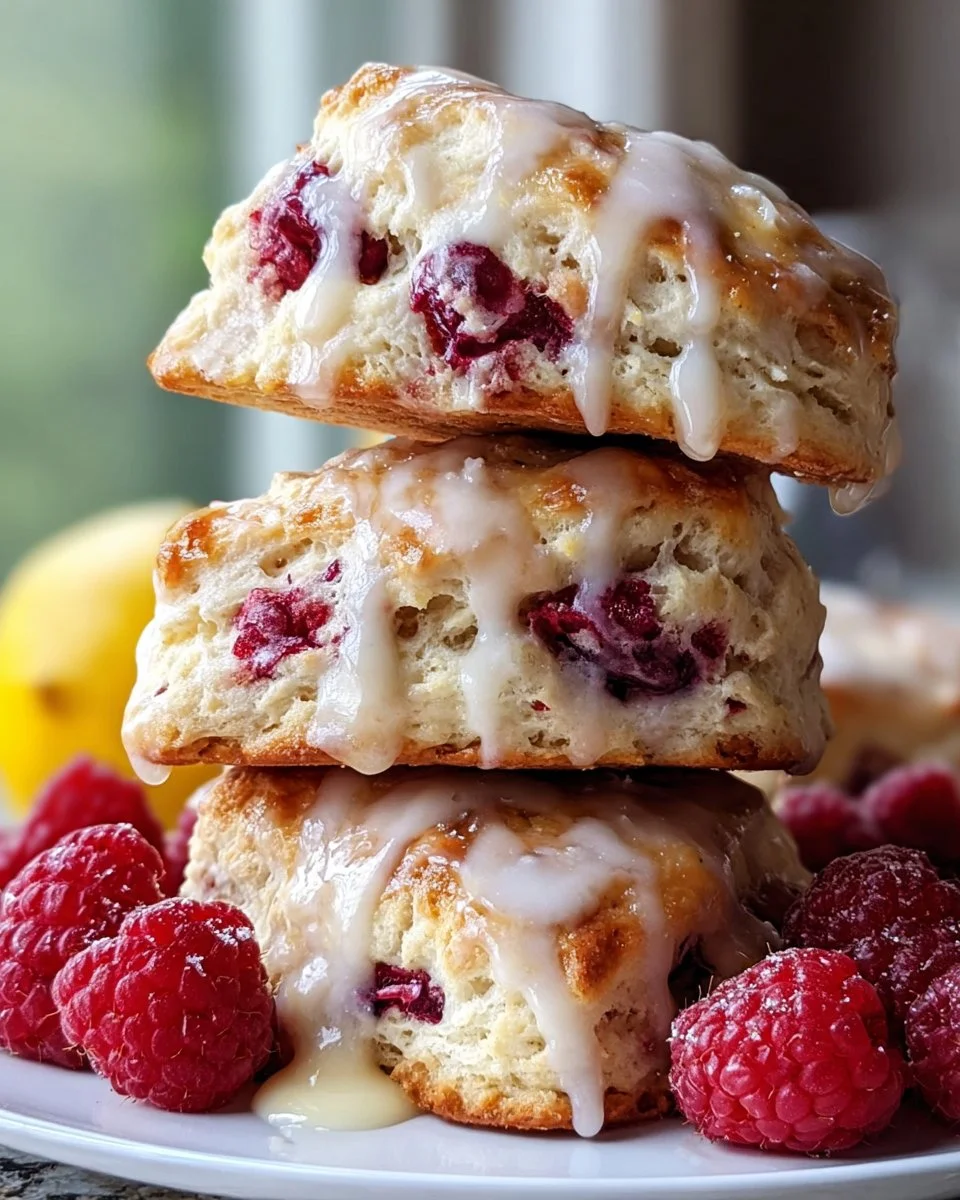 Freshly baked lemon raspberry scones on a plate