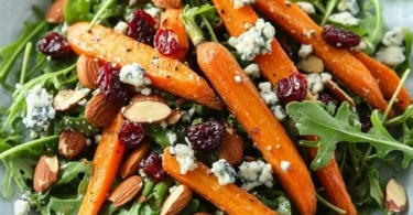 Roasted carrot salad with fresh greens and a tangy dressing