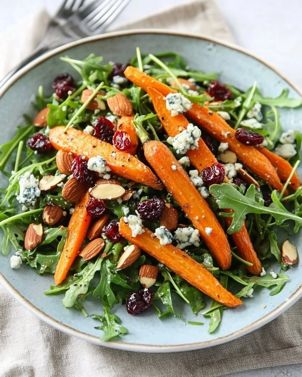 Roasted carrot salad with fresh greens and a tangy dressing