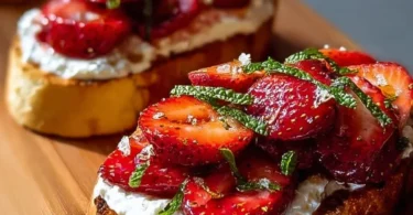 Roasted strawberry whipped ricotta toast topped with fresh strawberries and herbs