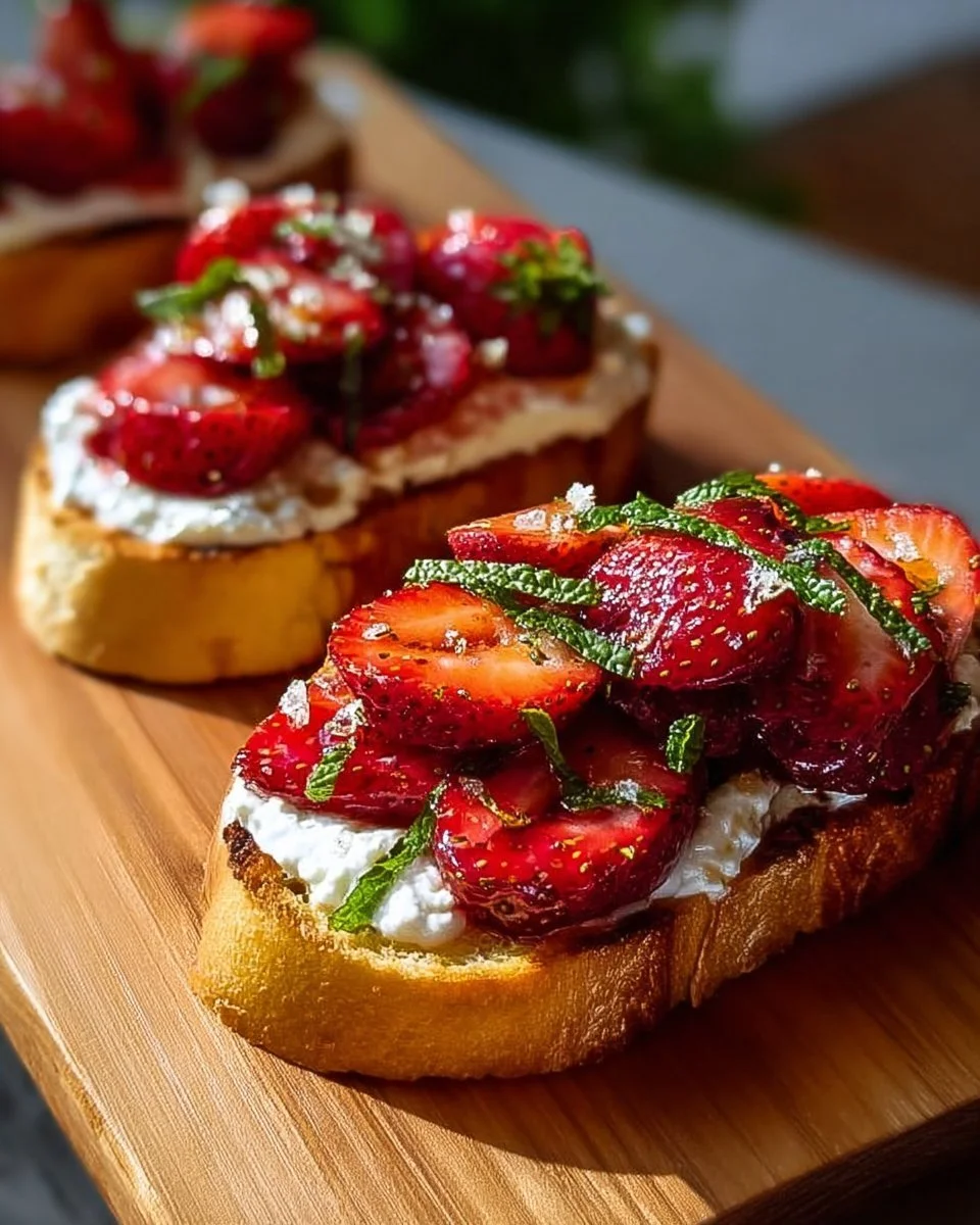 Roasted strawberry whipped ricotta toast topped with fresh strawberries and herbs