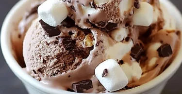 Bowl of Rocky Road Ice Cream with chocolate, marshmallows, and nuts