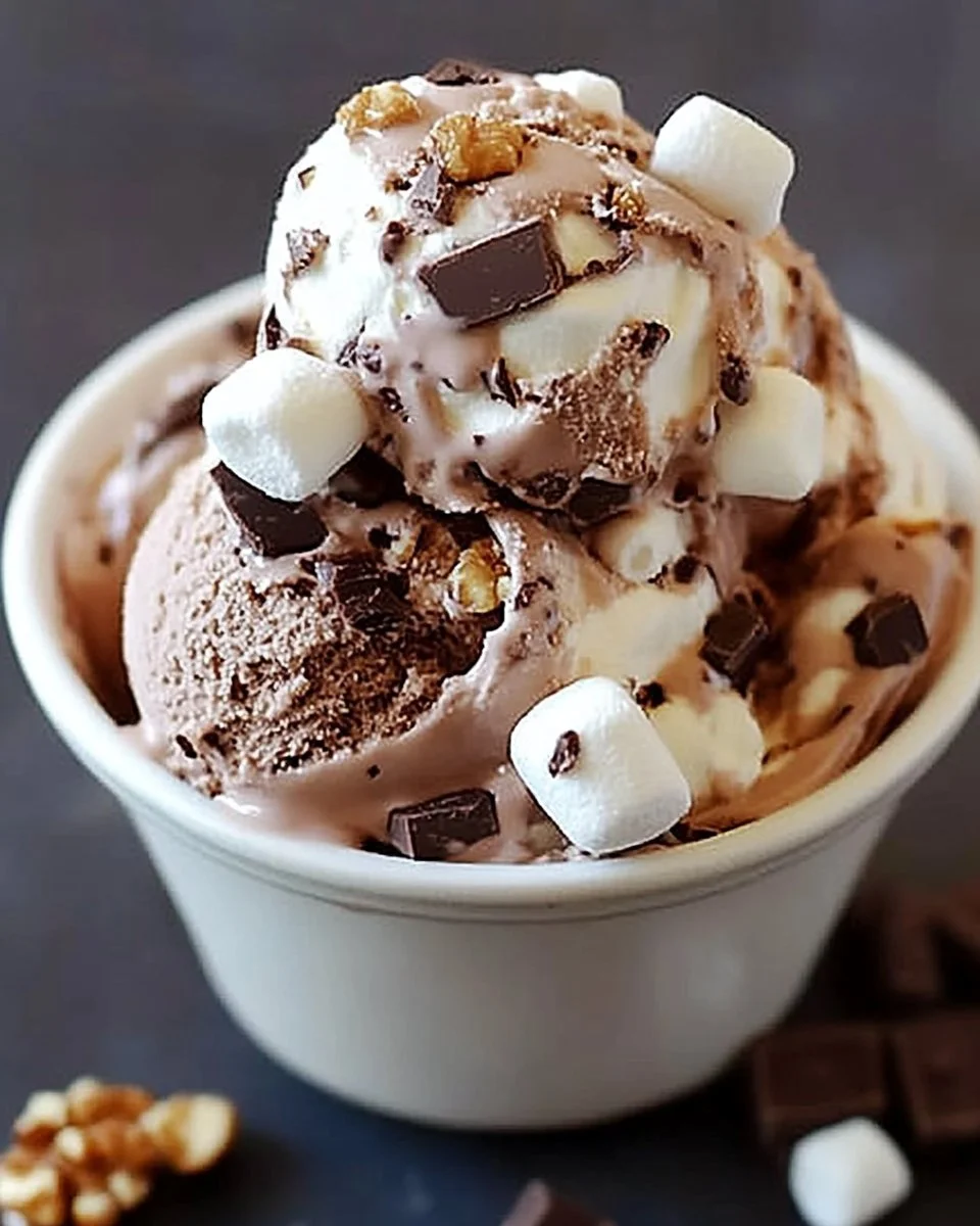 Bowl of Rocky Road Ice Cream with chocolate, marshmallows, and nuts