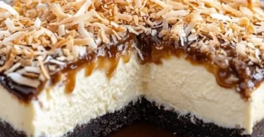 Samoa Cheesecake with chocolate, coconut and caramel toppings