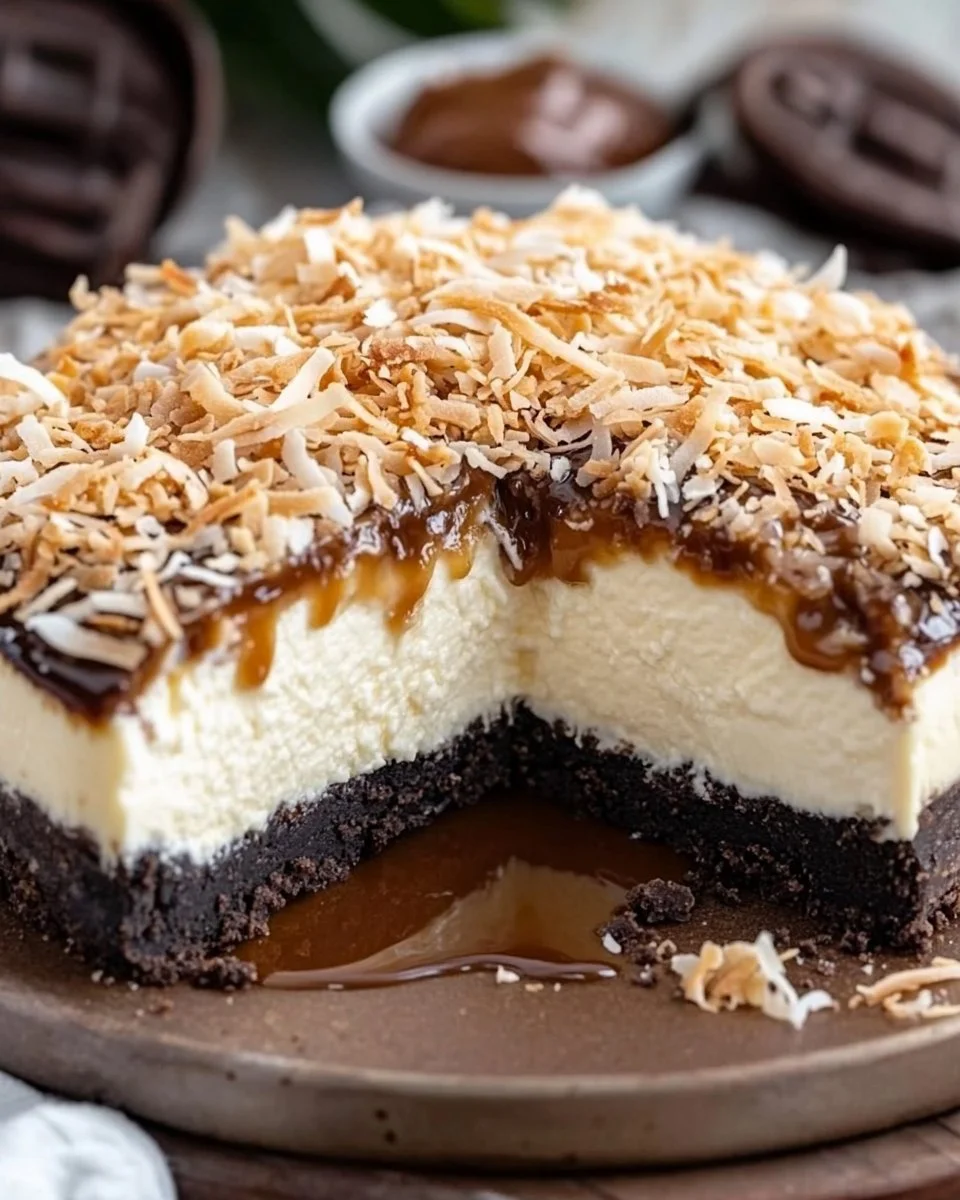 Samoa Cheesecake with chocolate, coconut and caramel toppings