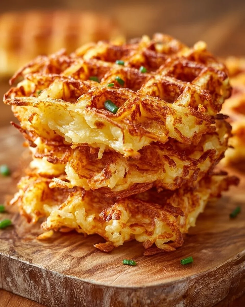 Savory hashbrown chaffles served on a plate with toppings