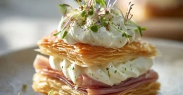 Savory Mille-Feuille with Lemon-Ricotta and Prosciutto layered on a plate