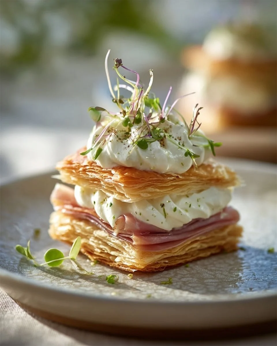 Savory Mille-Feuille with Lemon-Ricotta and Prosciutto layered on a plate