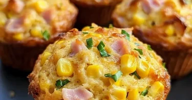 Freshly baked Savoury Ham and Corn Muffins on a wooden table