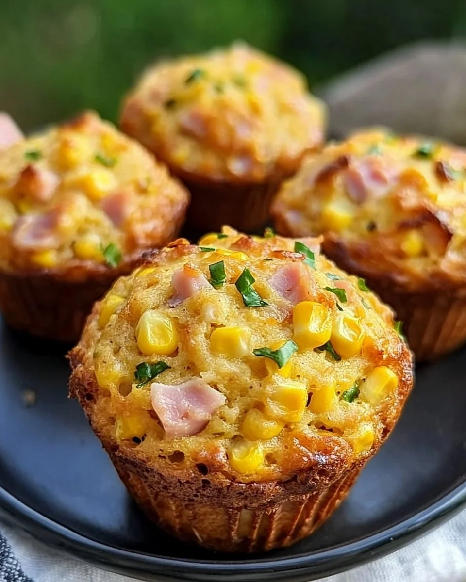Freshly baked Savoury Ham and Corn Muffins on a wooden table