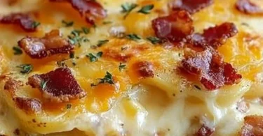 Delicious scalloped potatoes baked with bacon and caramelized onions