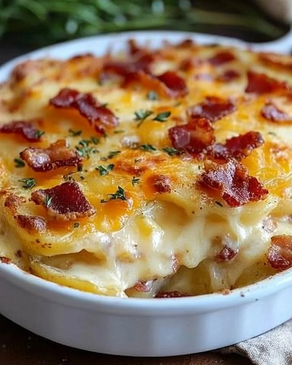 Delicious scalloped potatoes baked with bacon and caramelized onions