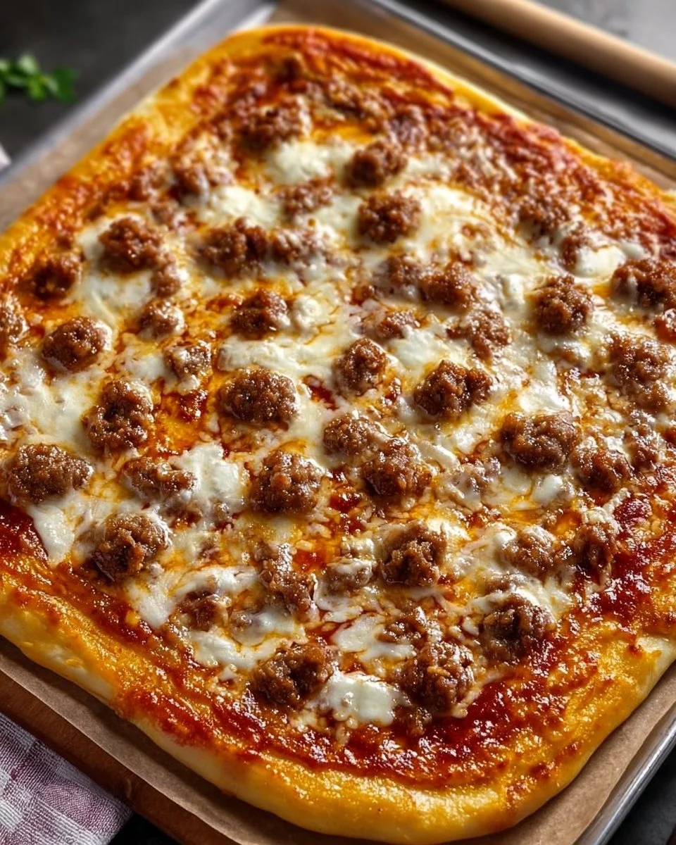 A slice of school pizza with cheese and toppings served on a plate.
